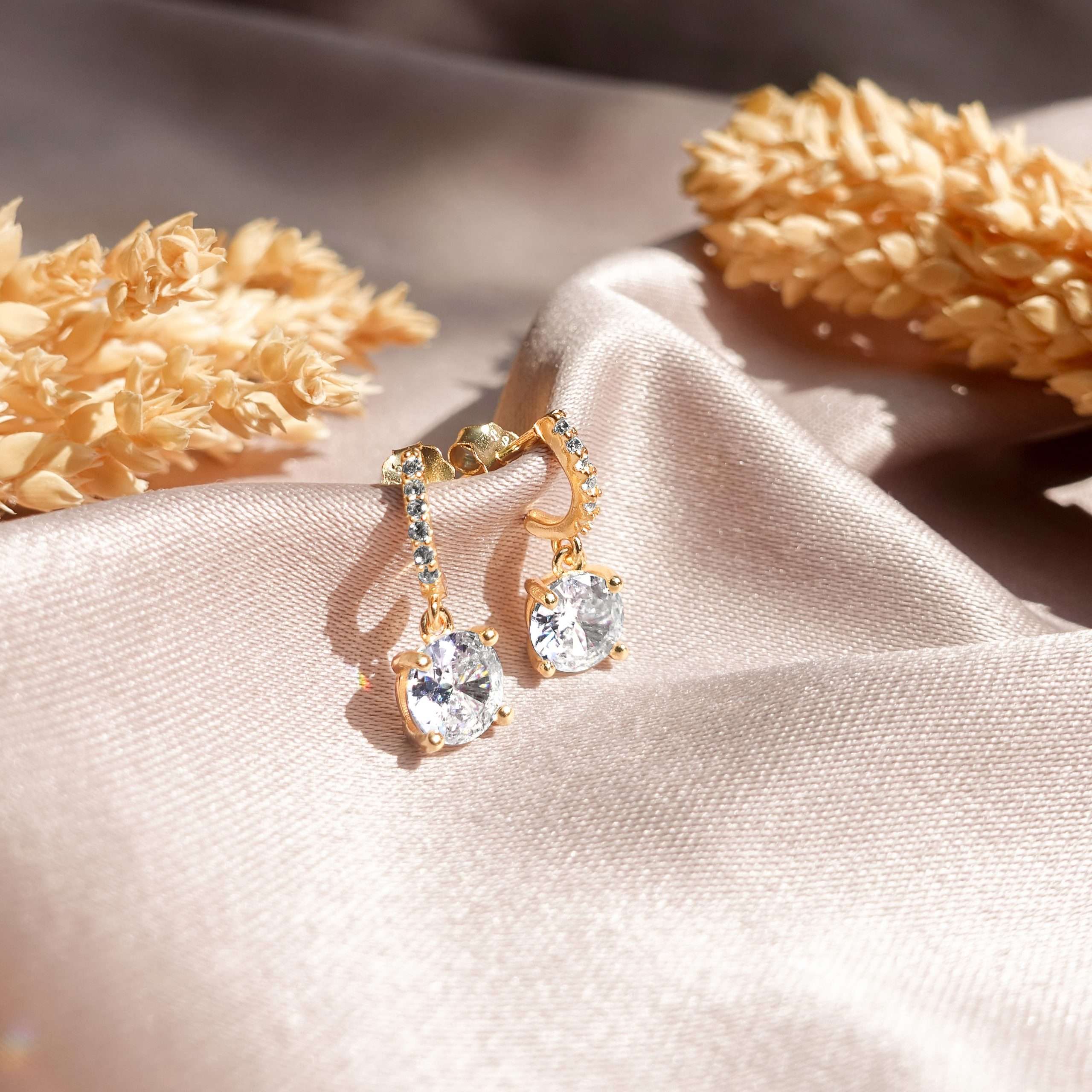 Close-Out-92262 <br> earring 6mm rd CZ  on a CZ  C shape hook .925 goldplated - Image 3