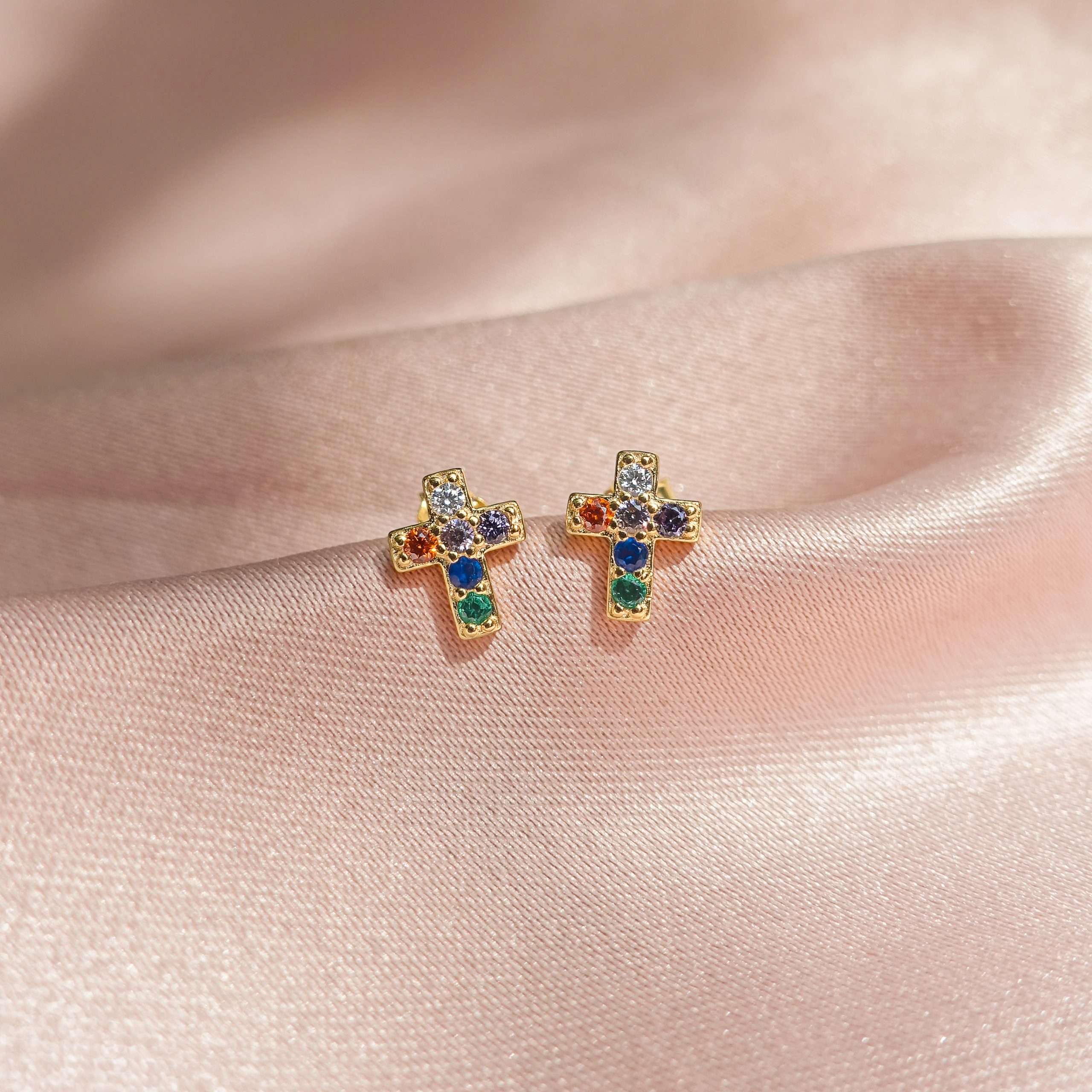 Close-Out-92239 <br> ear stud multi colored cross 67x6mm  .925 gold plated - Image 3