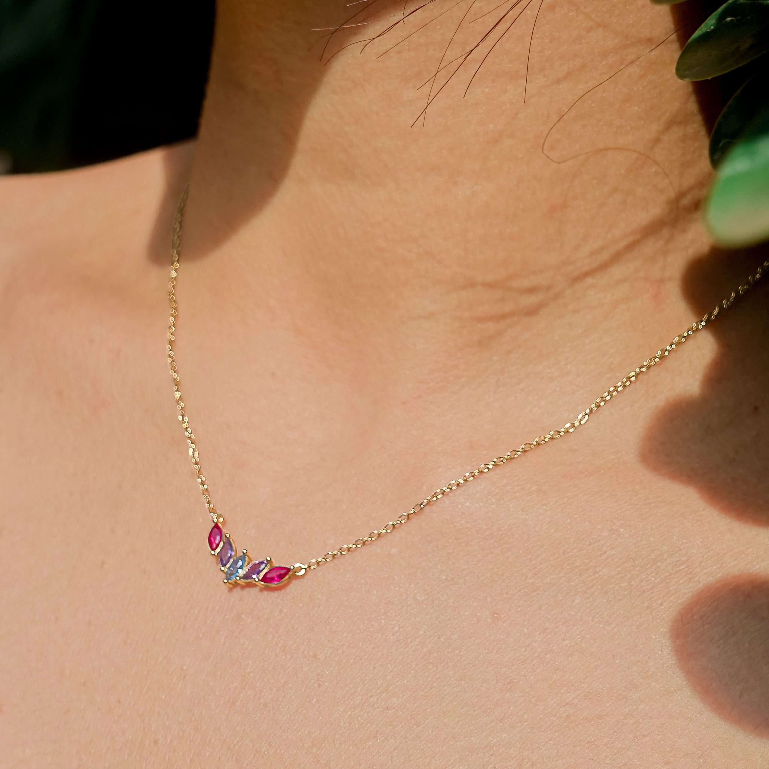 Close-Out-95270 <br> necklace marquise colored CZ's  16"+2" ext .925 goldplated - Image 2