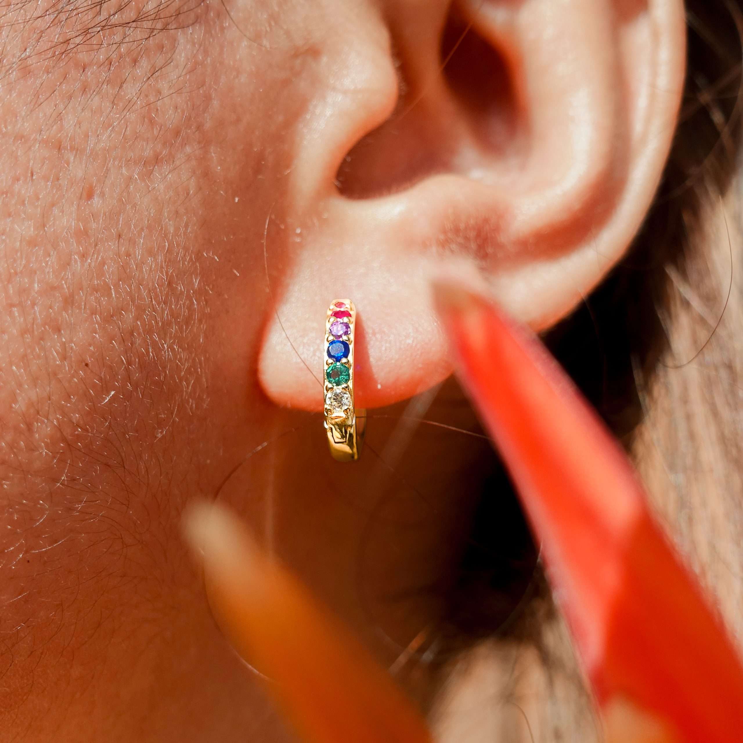 92232 <br> earring huggie w/ mulit colored CZ's  13mm  .925 goldplated - Image 2