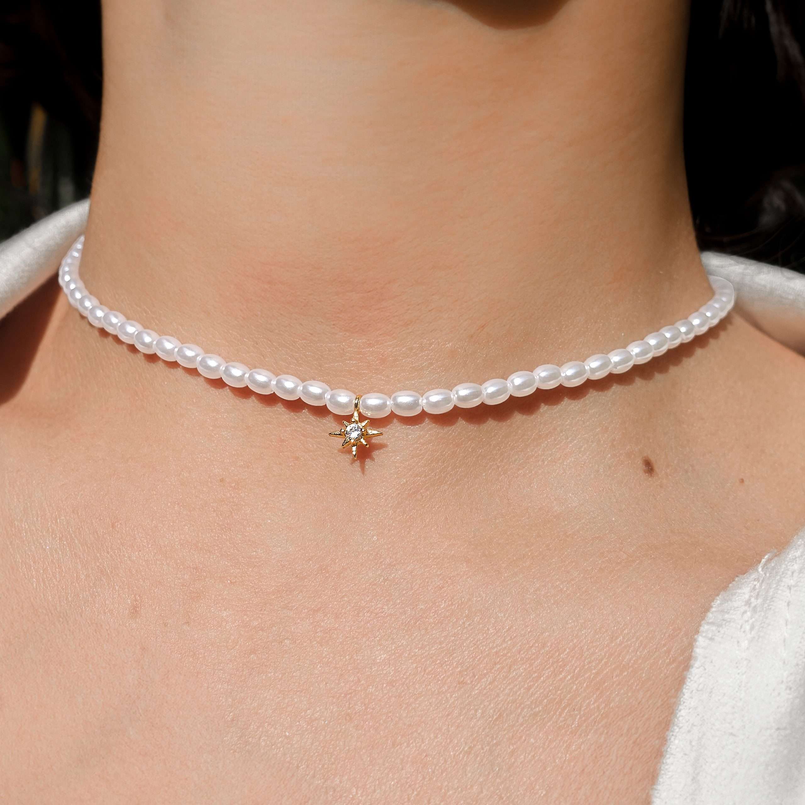 Close-Out-95248 <br> necklace freshwater pearl w/ CZ star 925 goldplated - Image 2