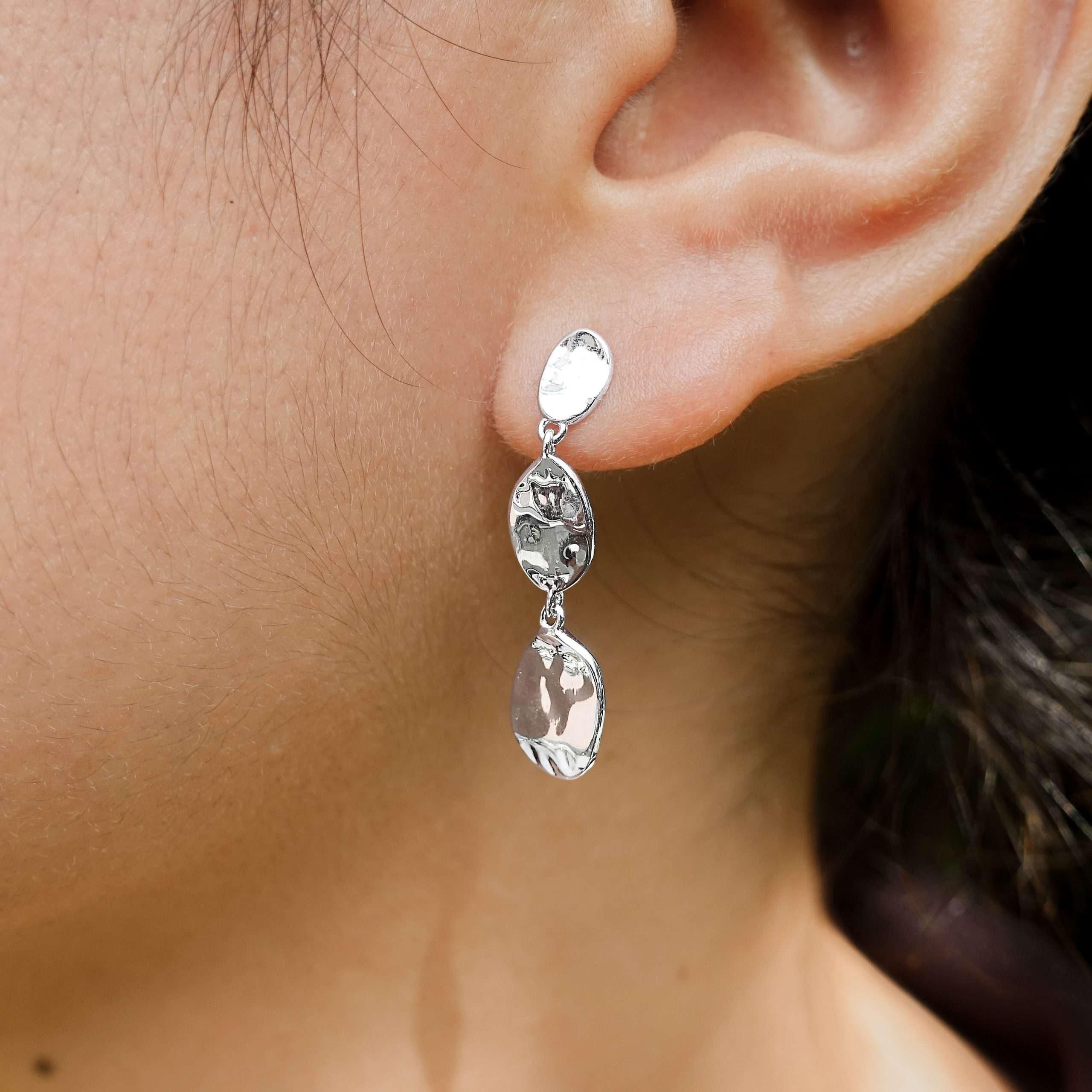 27299 <br> earring 3pc long hammered dangle drop .925 RP - Image 2