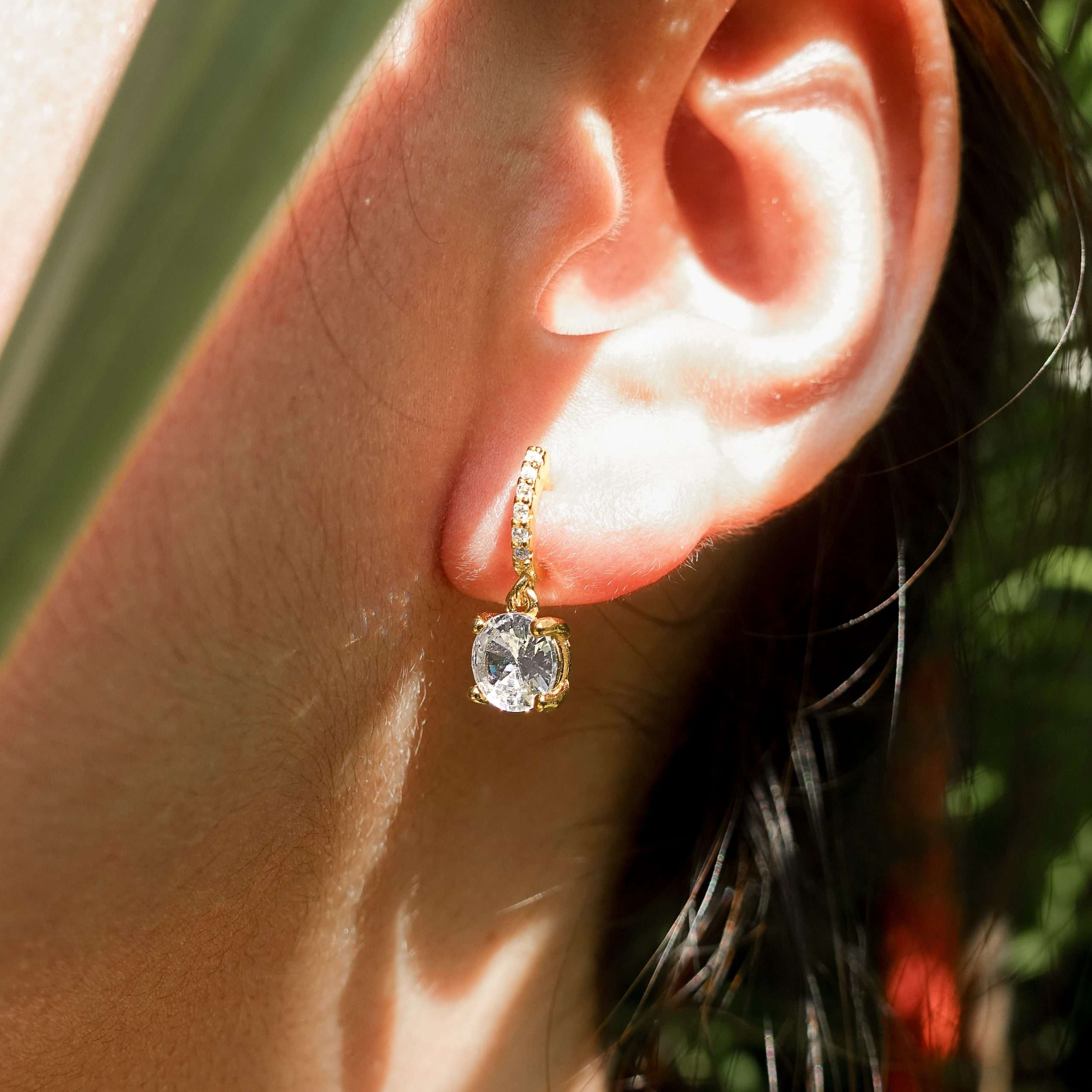 Close-Out-92262 <br> earring 6mm rd CZ  on a CZ  C shape hook .925 goldplated - Image 2