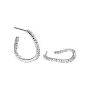 Close-Out-27305 <br> ear stud earring wavy hoop w/ CZ's 925 Rhodium Plated