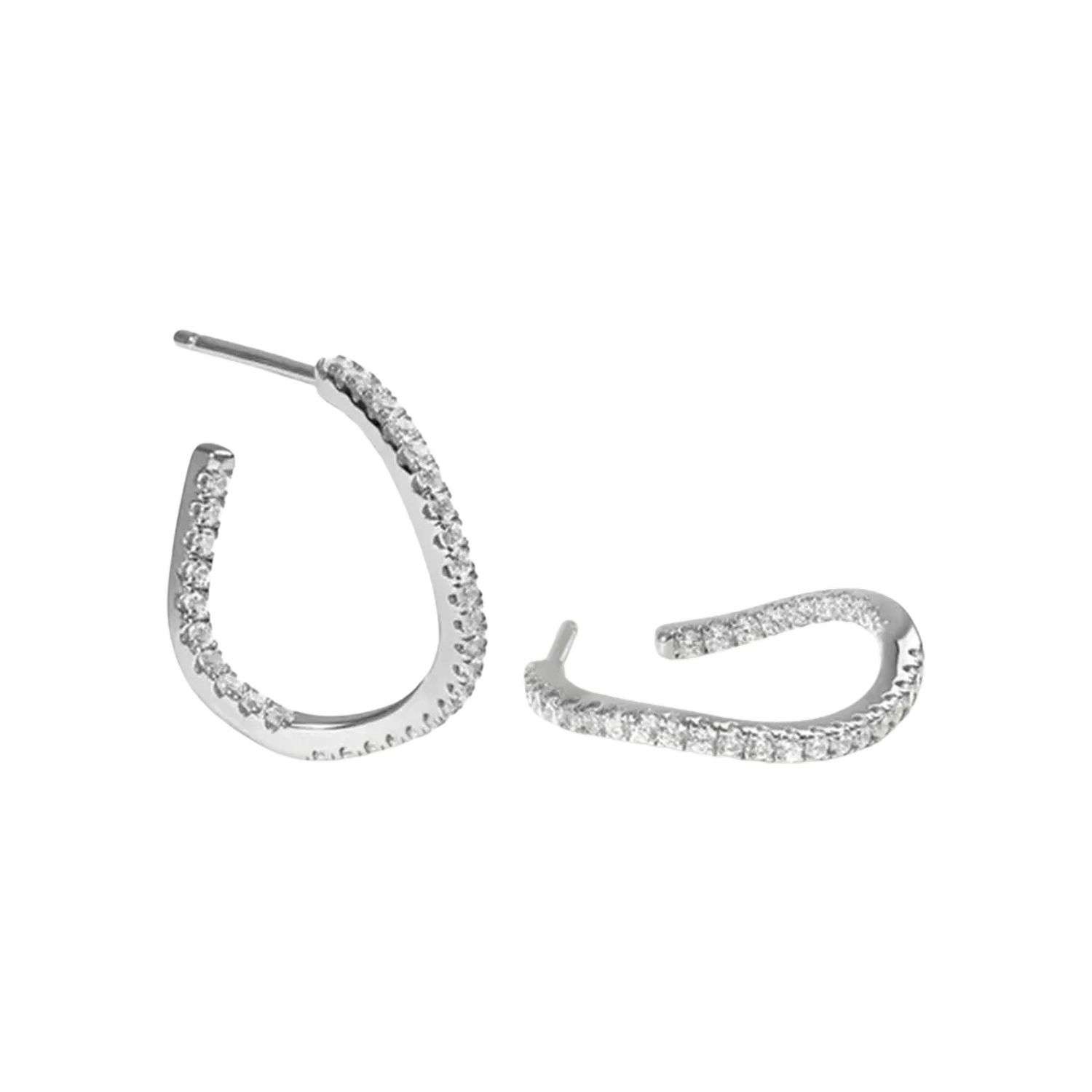 Close-Out-27305 <br> ear stud earring wavy hoop w/ CZ's 925 Rhodium Plated - Image 1