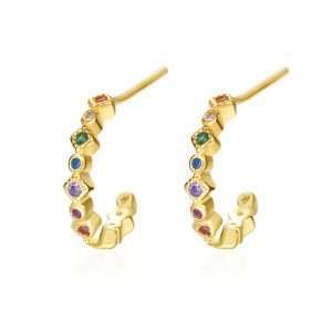 92229 <br> earring C shape w/ asst shape rainbow CZ's .925 goldplated