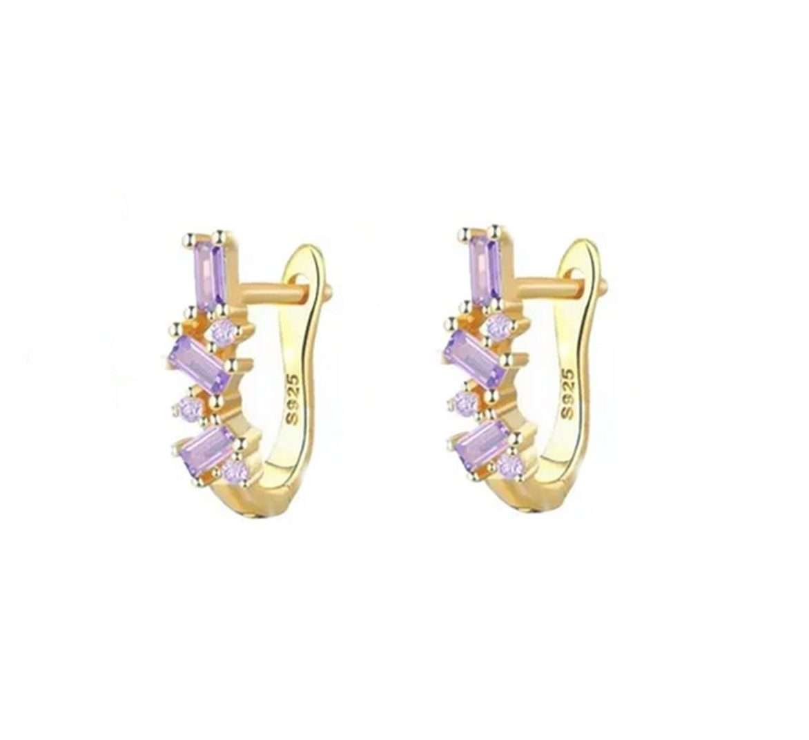 Close-Out-92235 <br> earring U shape hoop w/ emerald cut LT. PURPLE CZ's  .925 goldplated - Image 1