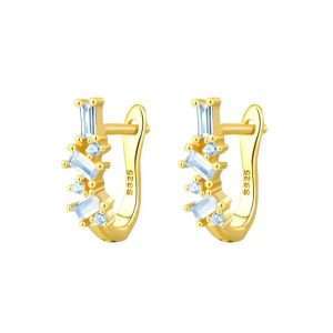 92236 <br> earring U shape hoop w/ emerald cut LT. BLUE CZ's .925 Gold Plated