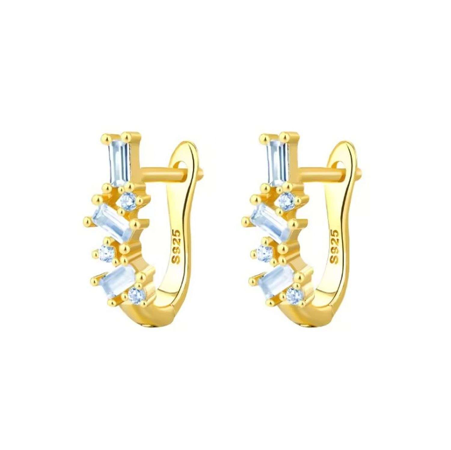 92236 <br> earring U shape hoop w/ emerald cut LT. BLUE CZ's  .925 Gold Plated - Image 1