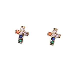 Close-Out-92239 <br> ear stud multi colored cross 67x6mm .925 gold plated