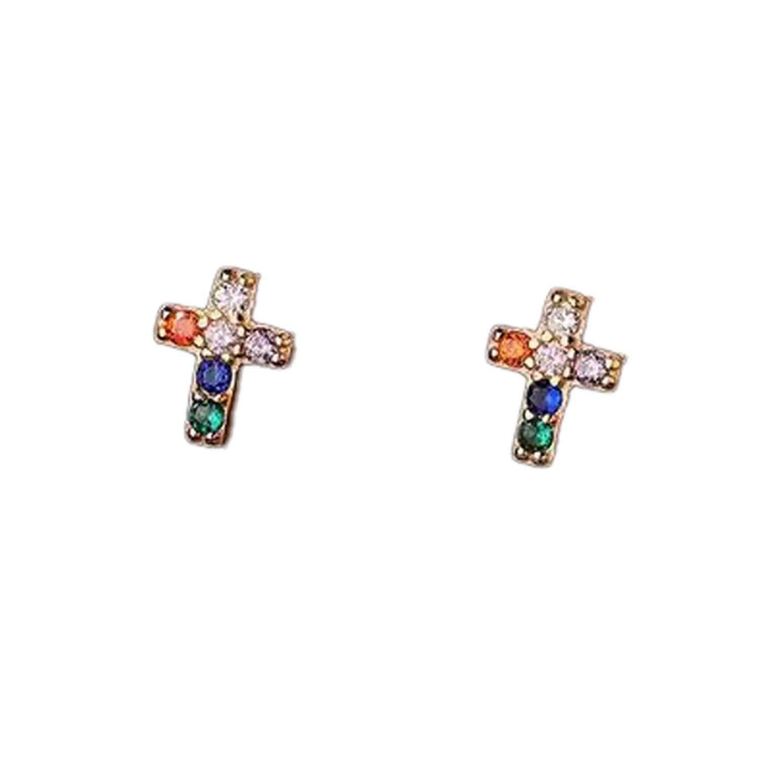 Close-Out-92239 <br> ear stud multi colored cross 67x6mm  .925 gold plated - Image 1