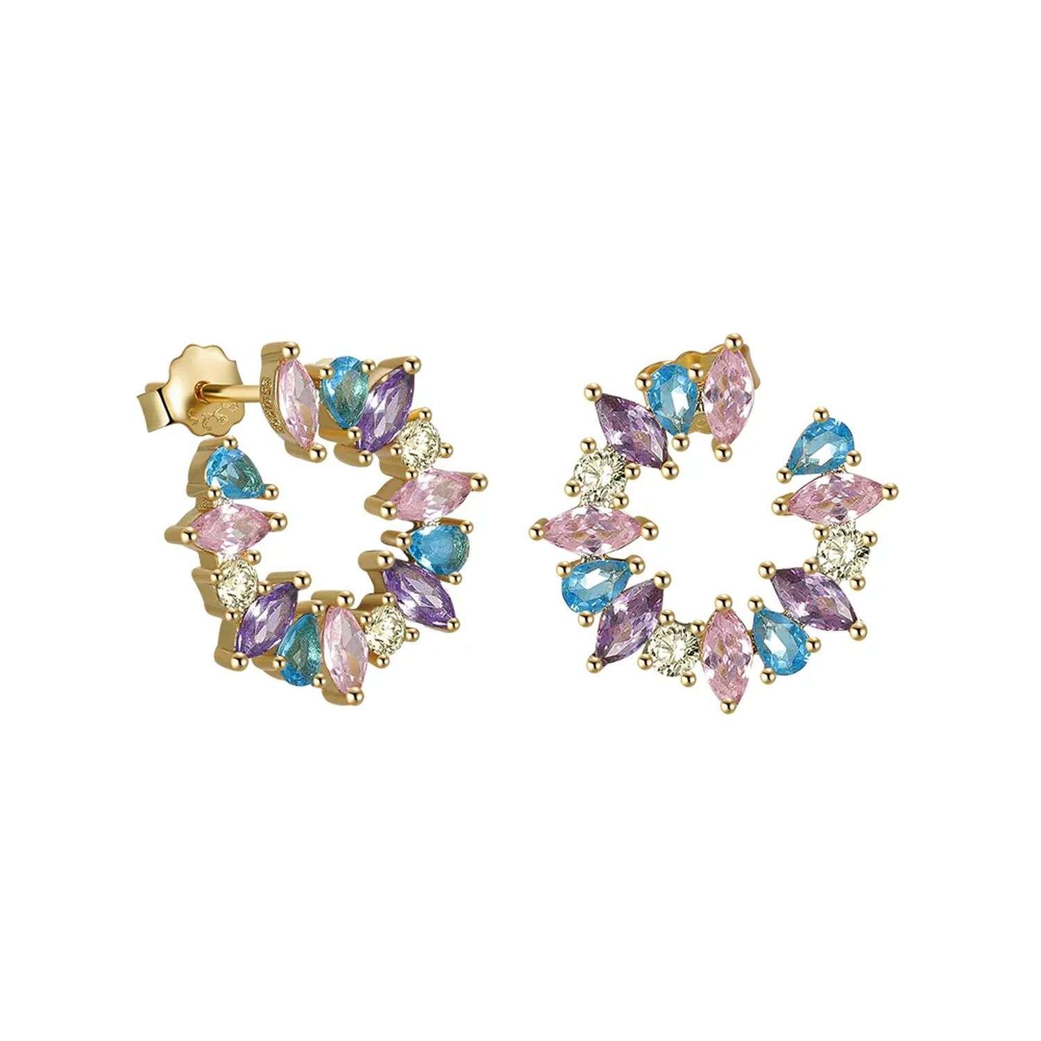 Close-Out-92250 <br> ear stud open wreath w/ pastel CZ's .925 goldplated - Image 1