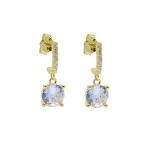 Close-Out-92262 <br> earring 6mm rd CZ  on a CZ  C shape hook .925 goldplated