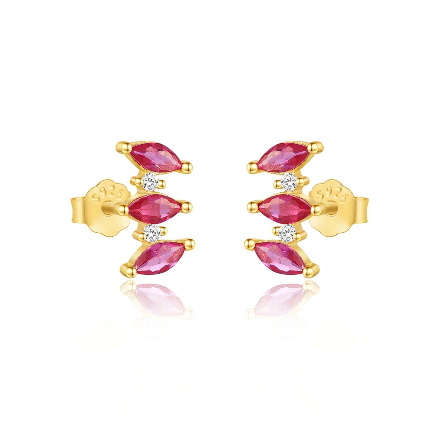 Close-Out-92270 <br> ear stud  marquise RED CZ .925 gold plated - Image 1