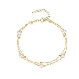 94035 <br> bracelet double chain w/ pearls and beads 6.5"+1" ext .925 goldplated
