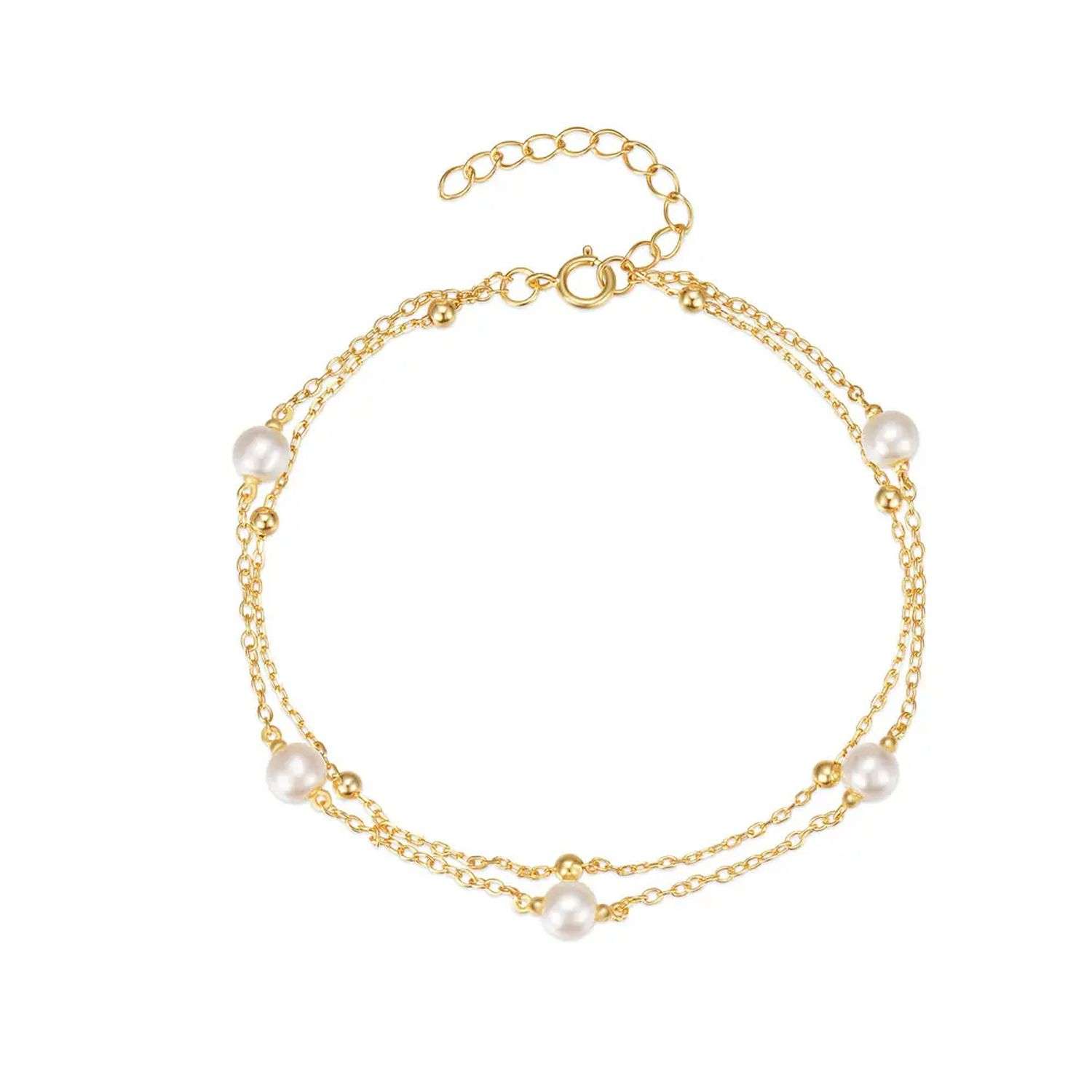 94035 <br> bracelet double chain w/ pearls and beads 6.5"+1" ext  .925 goldplated - Image 1