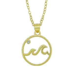 95030 <br> necklace 2 waves in circle w/ CZ 16" + 2" ext. Sterling Silver GOLD PLATED
