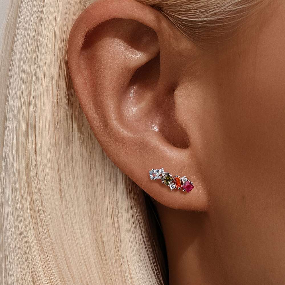 27293 <br> ear stud vertical rainbow CZ's - 925 Rhodium Plated - Image 4