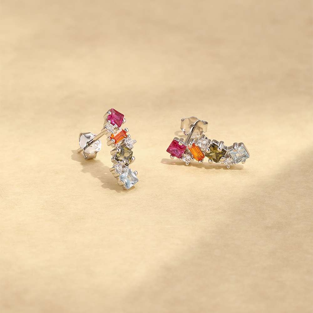 27293 <br> ear stud vertical rainbow CZ's - 925 Rhodium Plated - Image 2