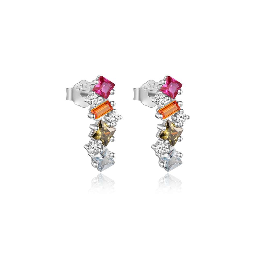 27293 <br> ear stud vertical rainbow CZ's - 925 Rhodium Plated - Image 1