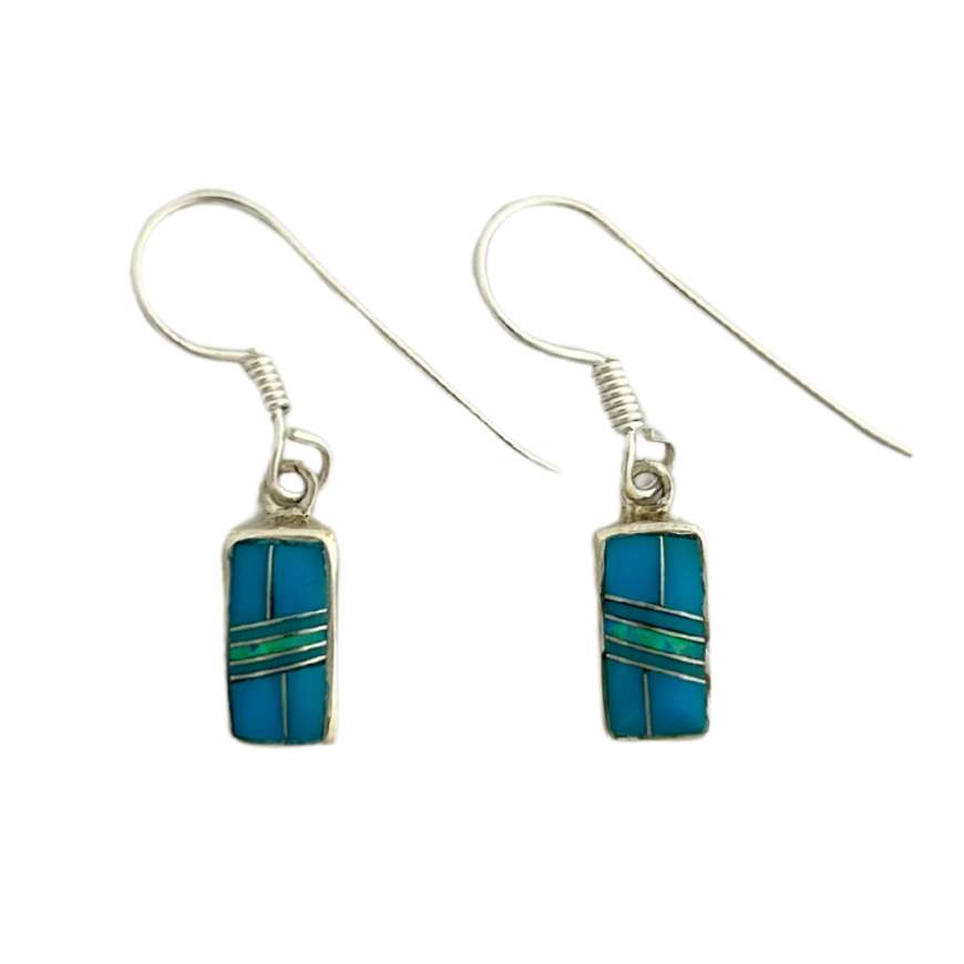Inlay E-0229S <br> Sterling earring inlay w/ lab created opal - small rectangle on wire - Image 2
