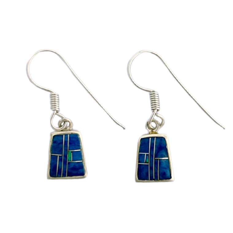 Inlay E-0240S <br> Sterling earring inlay w/ lab created opal- small trapezoid on wire - Image 6