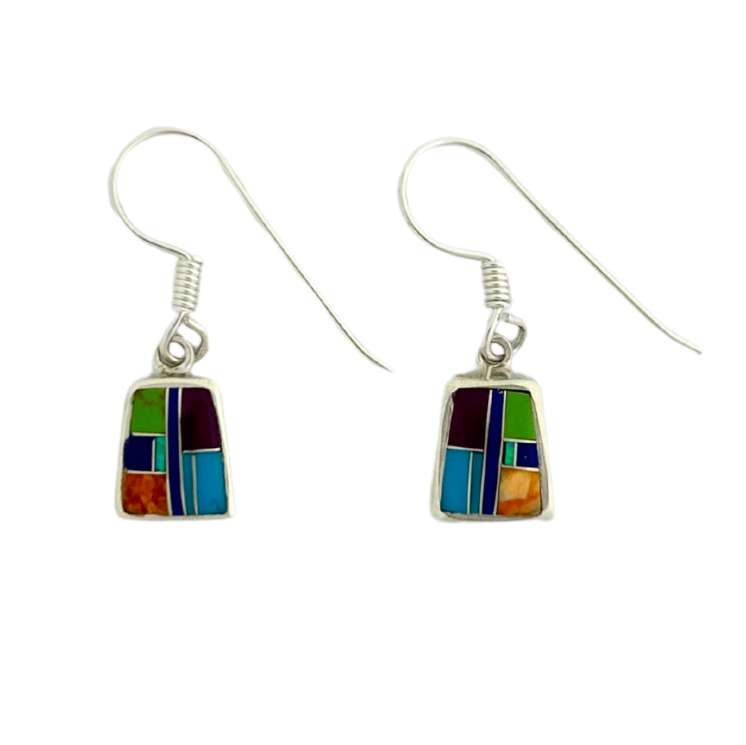 Inlay E-0240S <br> Sterling earring inlay w/ lab created opal- small trapezoid on wire - Image 4