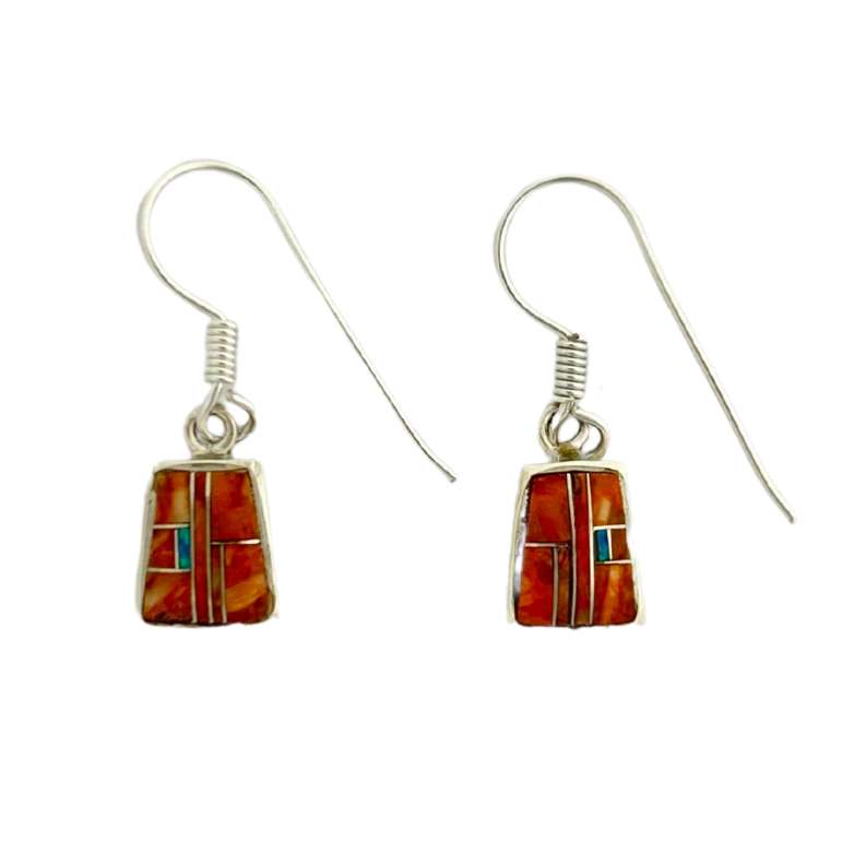 Inlay E-0240S <br> Sterling earring inlay w/ lab created opal- small trapezoid on wire - Image 3