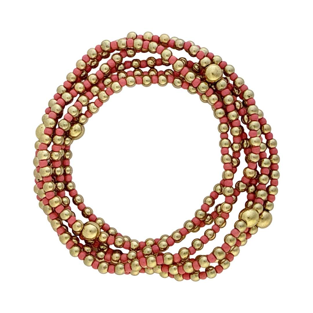 Fashion 404041 <br> Fashion bracelet seed beads w/5mm center 18K goldplated brass bead 3mm  - coral - set of 6 - Image 2