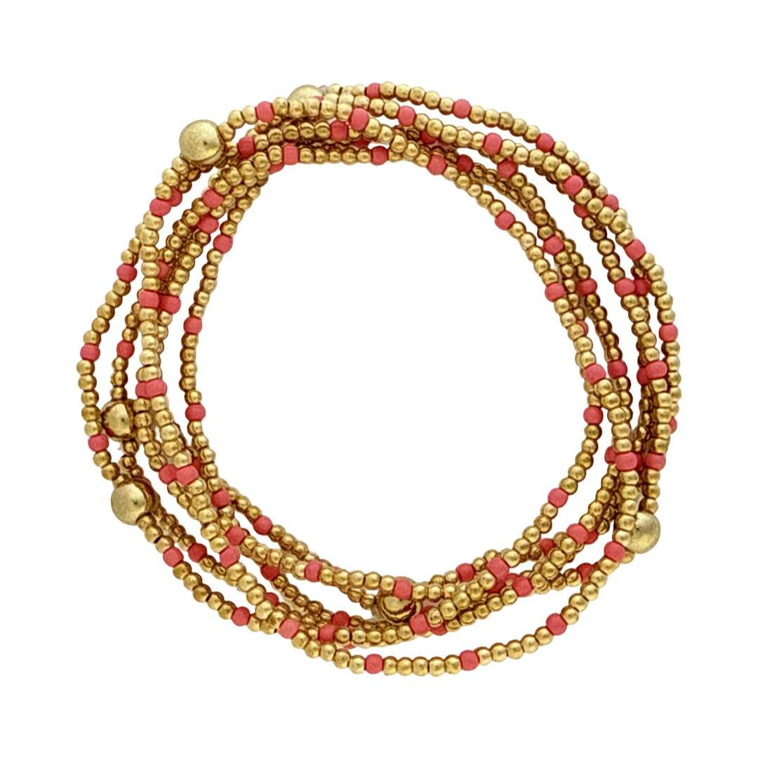 Fashion 404042 <br> Fashion bracelet 18K goldplated brass bead 3mm w/ seed beads w/5mm center - coral - set of 6 - Image 2