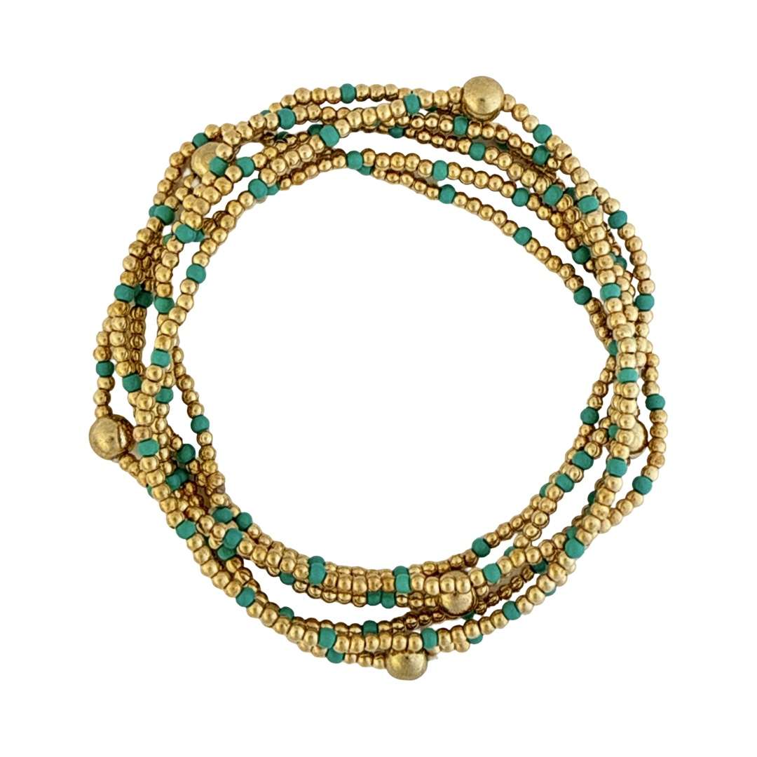 Fashion 404047 <br> Fashion bracelet 18K goldplated brass bead 3mm w/ seed beads w/5mm center, alernating - turquoise - set of 6 - Image 2
