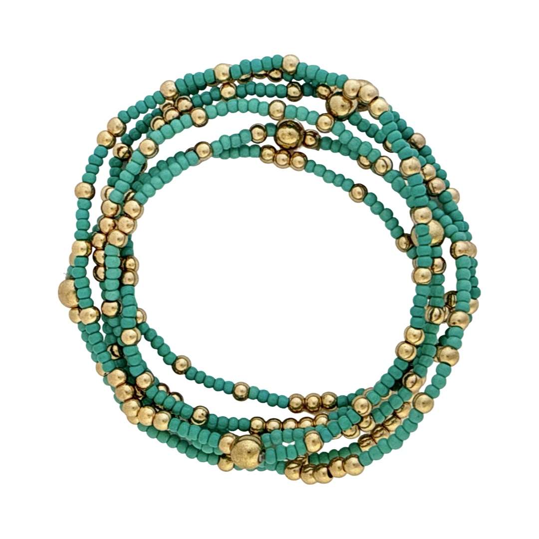 Fashion 404048 <br> Fashion bracelet 18K goldplated brass bead 3mm w/ seed beads w/5mm center, alternating - turquoise - set of 6 - Image 2