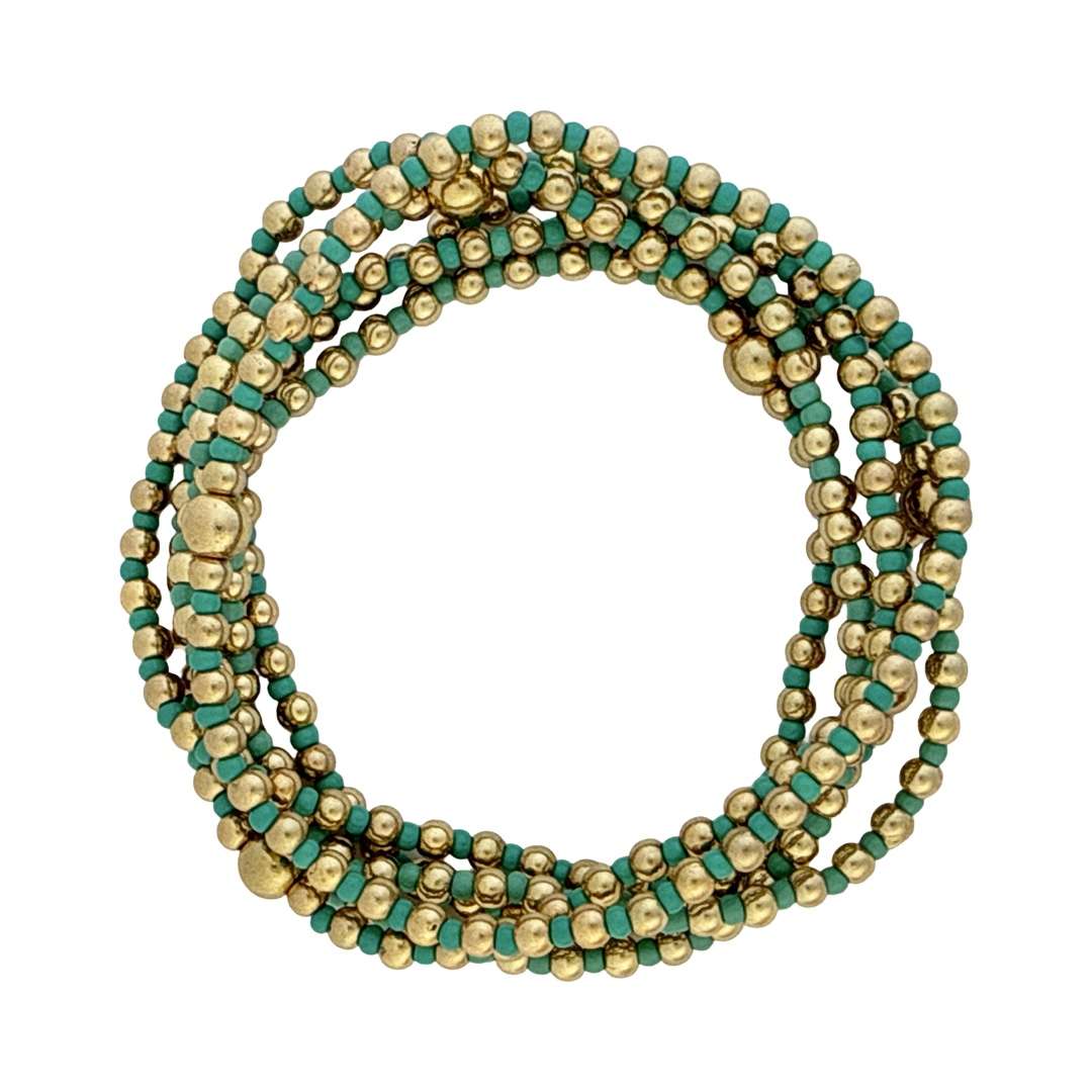 Fashion 404049 <br> Fashion bracelet 18K goldplated brass bead 3mm w/ seed beads w/5mm center, alternating - turquoise - set of 6 - Image 2