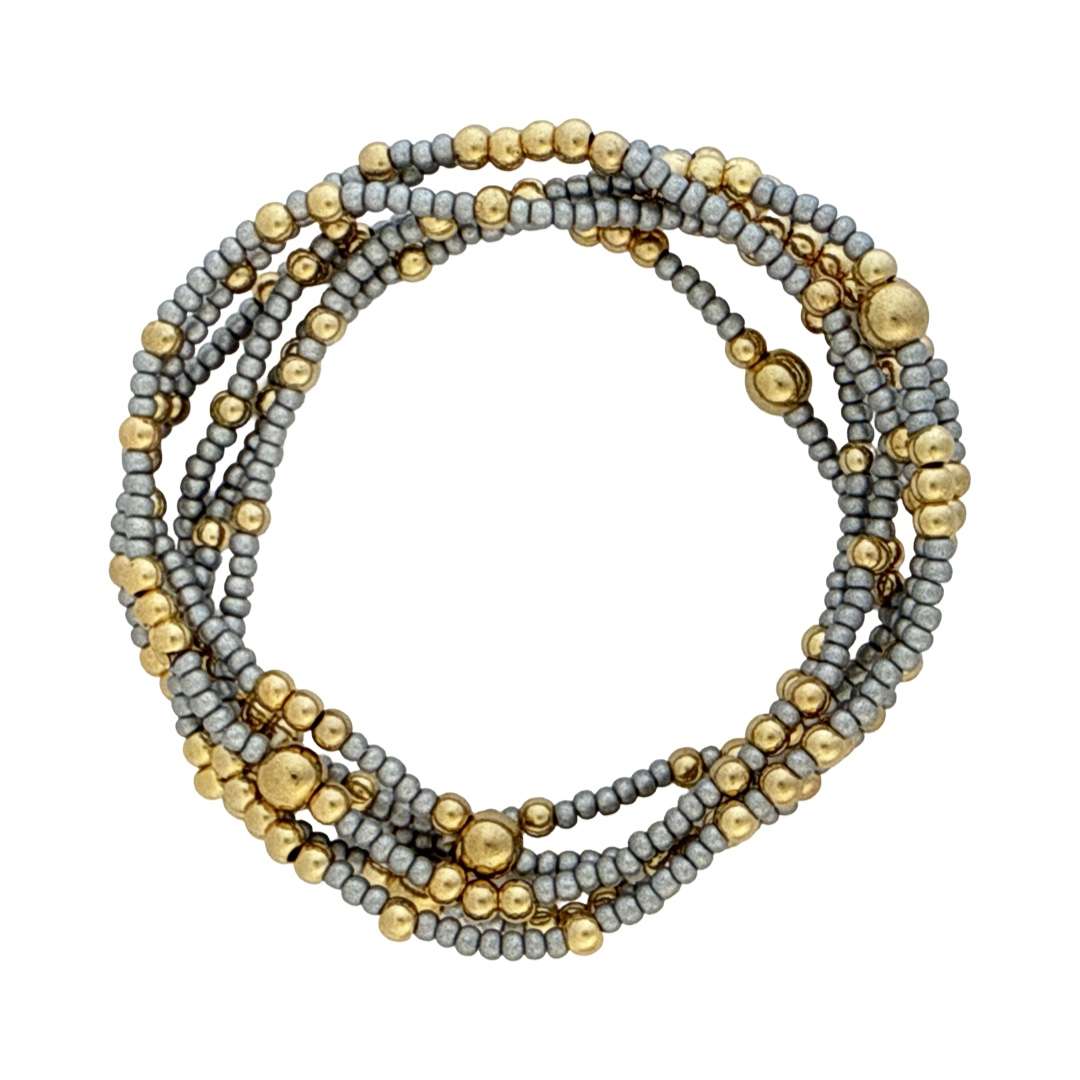 Fashion 404050 <br> Fashion bracelet 18K goldplated brass bead 3mm w/ seed beads w/5mm center, alternating - silver - set of 6 - Image 2