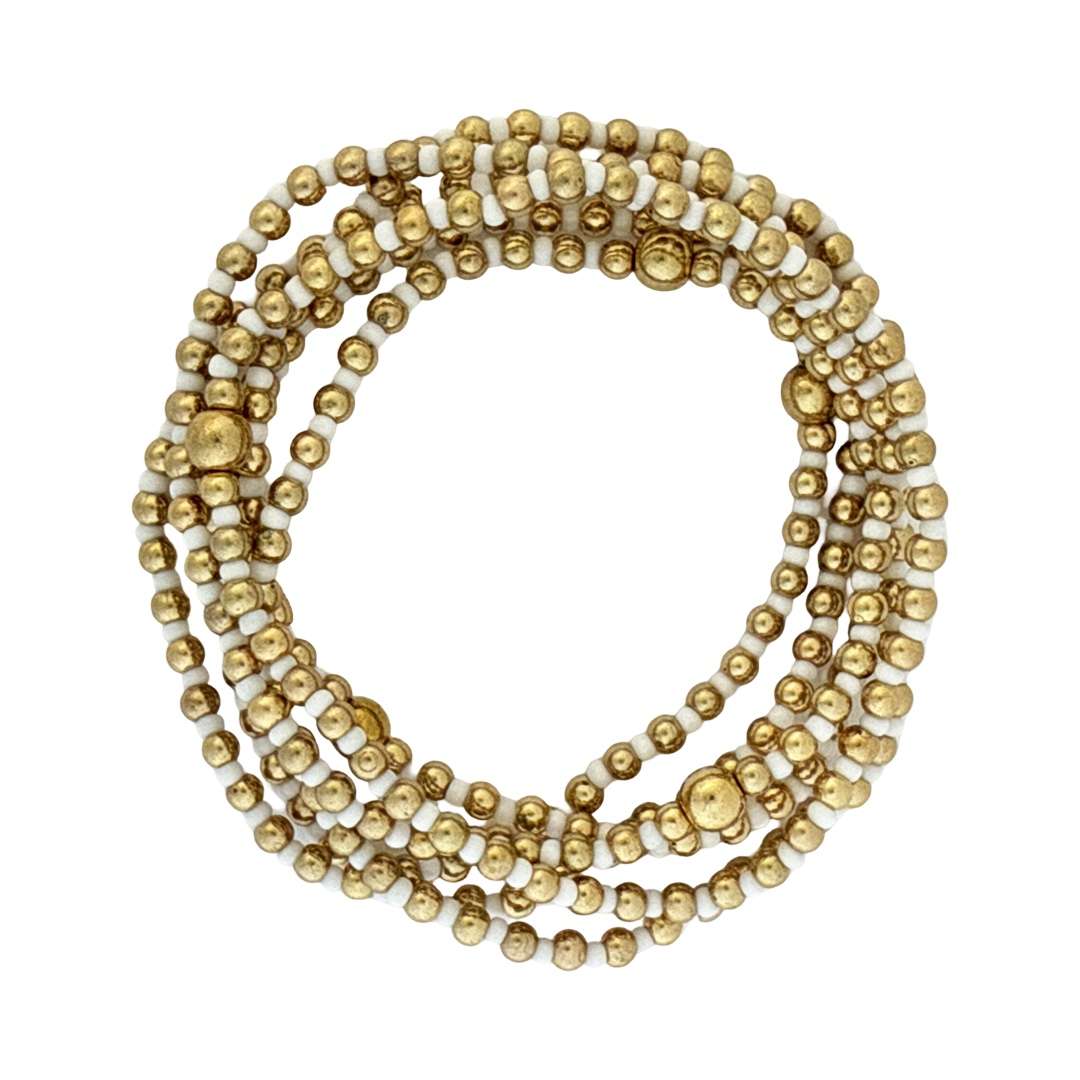 Fashion 404055 <br> Fashion bracelet 18K goldplated brass bead 3mm w/ seed beads w/5mm center, alternating - white - set of 6 - Image 2