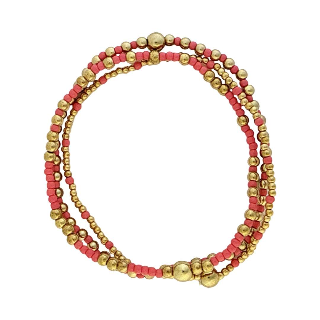 Fashion 404065 <br> Fashion bracelet 18K goldplated brass & seed beads - coral- set of 3 - Image 1