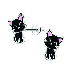 28074 <br> ear stud black cat .925 E-coat - Sold in 2's