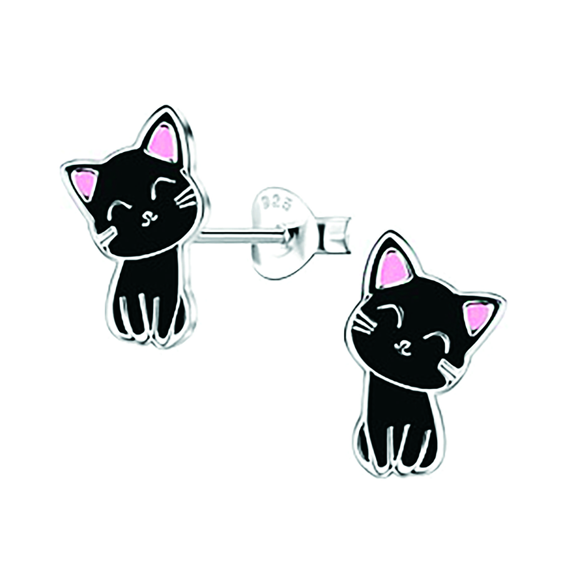 28074 <br> ear stud black cat .925 E-coat - Sold in 2's - Image 1