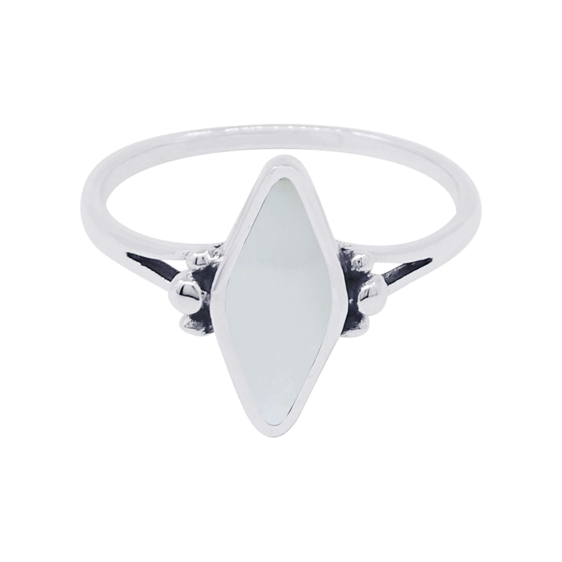 10496<br>ring 7X14mm marquise framed MOTHER OF PEARL w/ 3 dot design  .925 *5-9 - Image 1