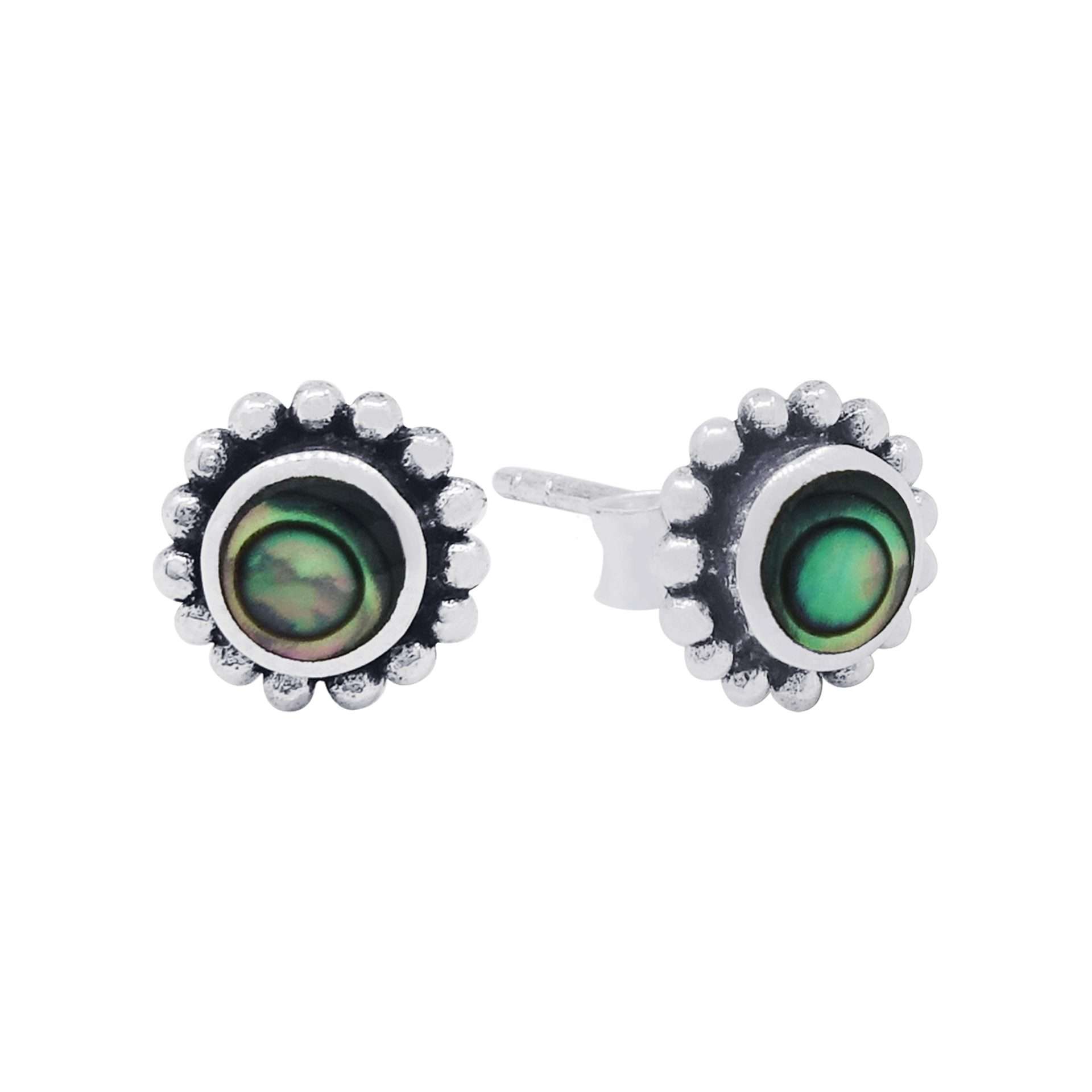 23527<br>ear stud 7mm beaded bezel ABALONE .925 - Sold in 2's - Image 1