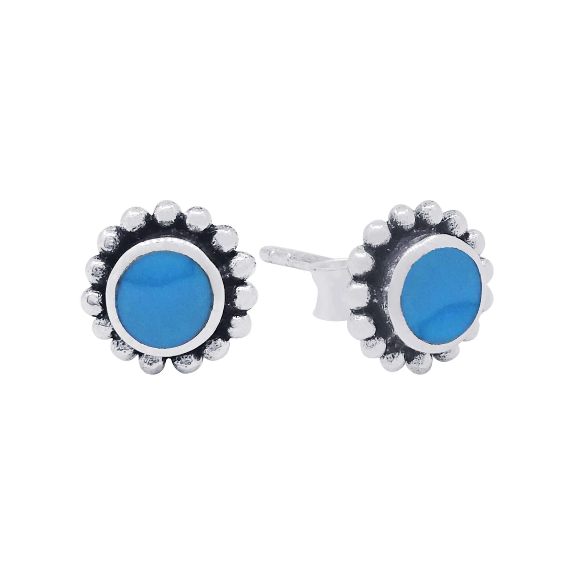 23529<br>ear stud 7mm beaded bezel Reconstituted TQ .925 - Sold in 2's - Image 1