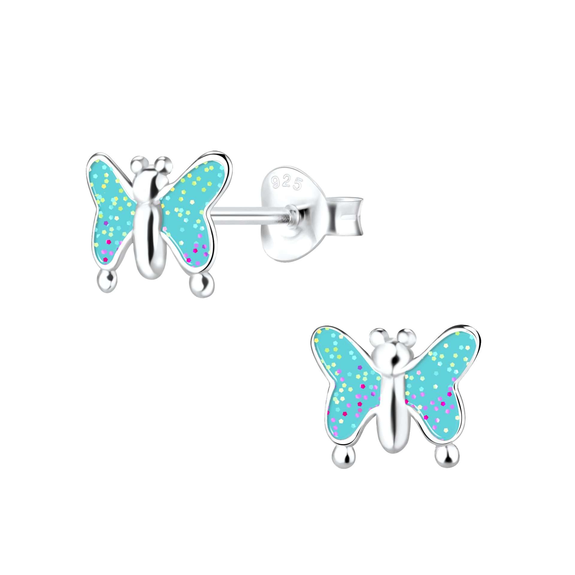 Close-Out-28084<br>ear stud 9x7 enamel sparkly butterfly 925 E-coat - Sold in 2's - Image 1