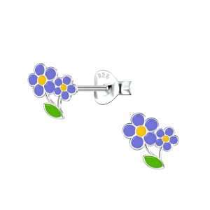 28095<br>ear stud 7x7 enamel blue flowers .925 E-coat - Sold in 2's
