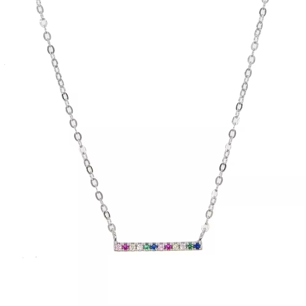 Close-Out-57305<br>necklace 17mm x 2mm bar w/ multi colored CZ's  925 RP.. - Image 1