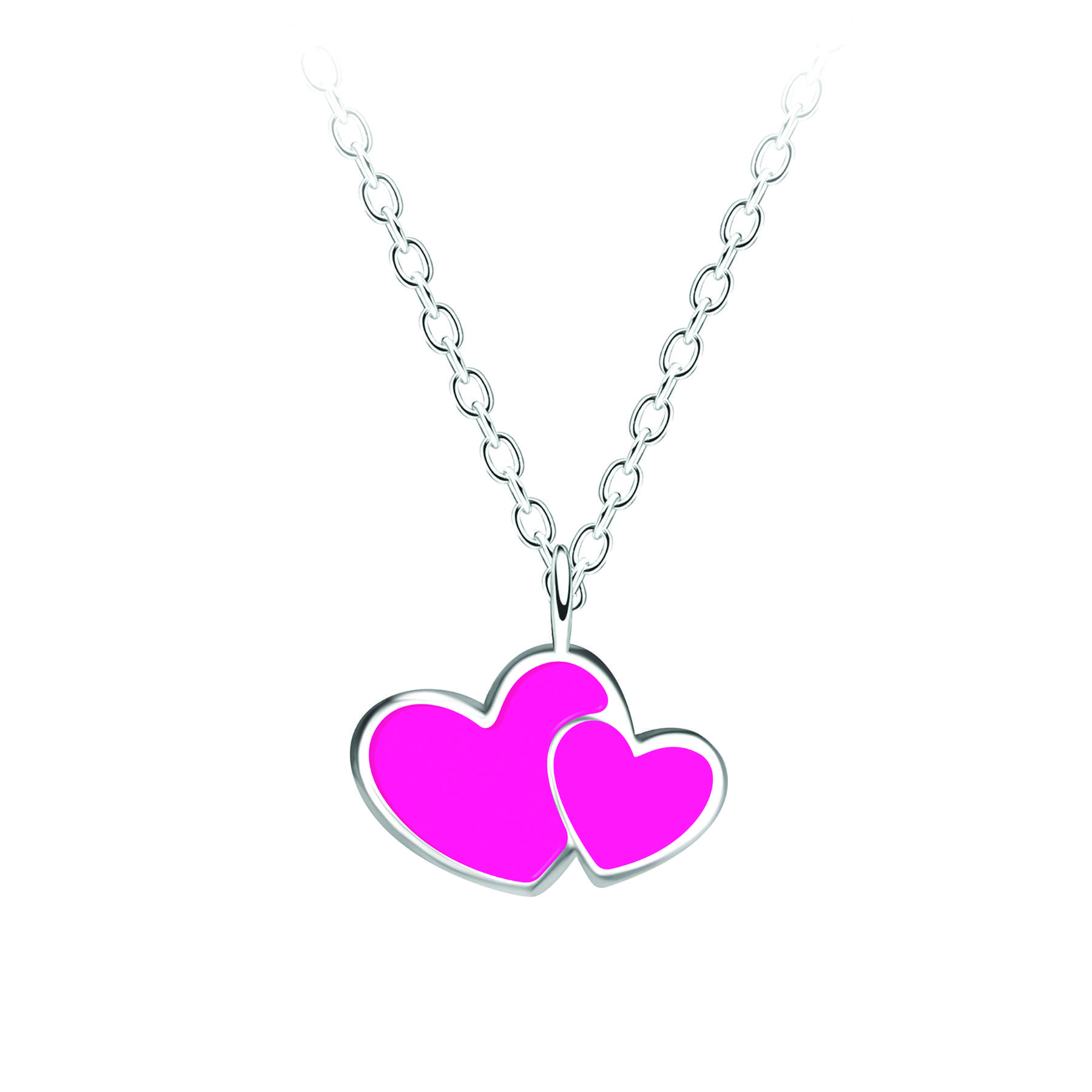 58049<br>necklace 9x6 enamel pink double heart  14"+2"ext .925 E-coat - Image 1