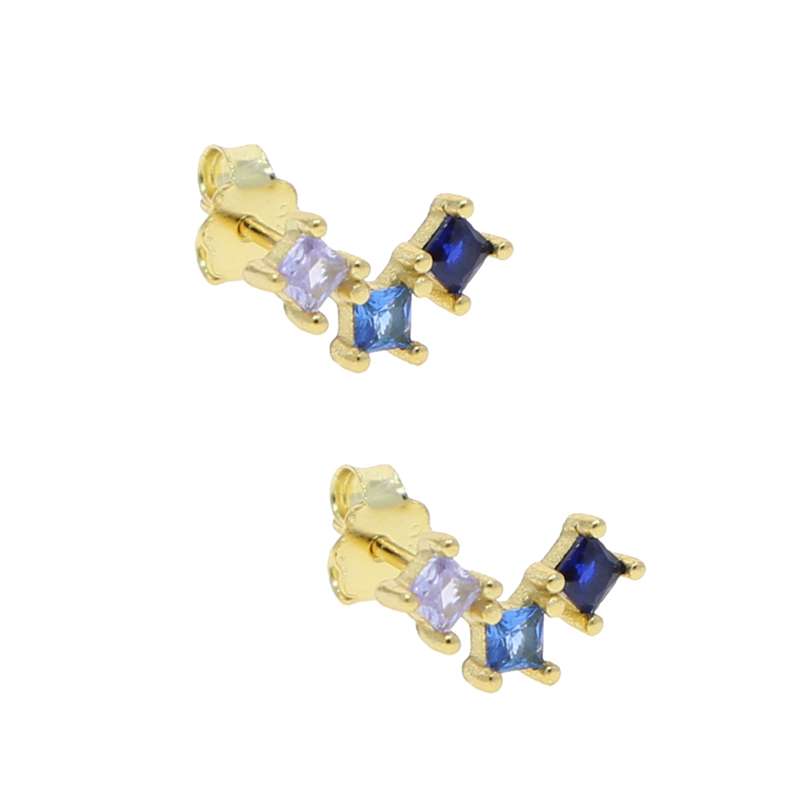 Close-Out-92279<br>ear stud 3 square curve w/ blue hued CZ's .925 GP - Image 2