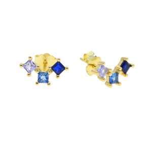 Close-Out-92279<br>ear stud 3 square curve w/ blue hued CZ's .925 GP
