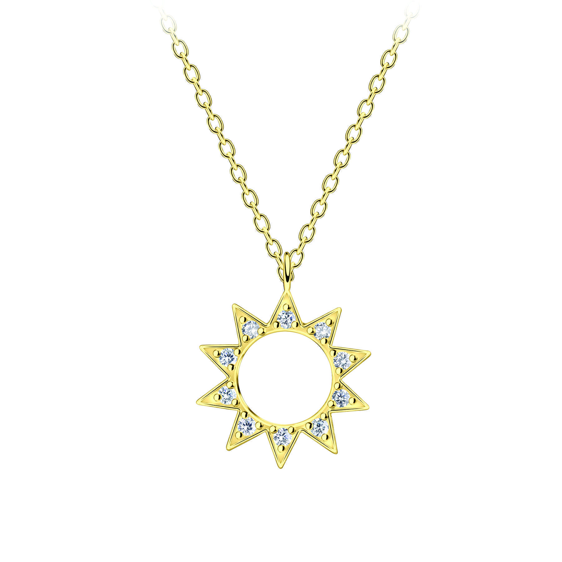 95288<br>necklace 12mm sun w/ clear CZ's  18" chain .925 GP E-coat - Image 1