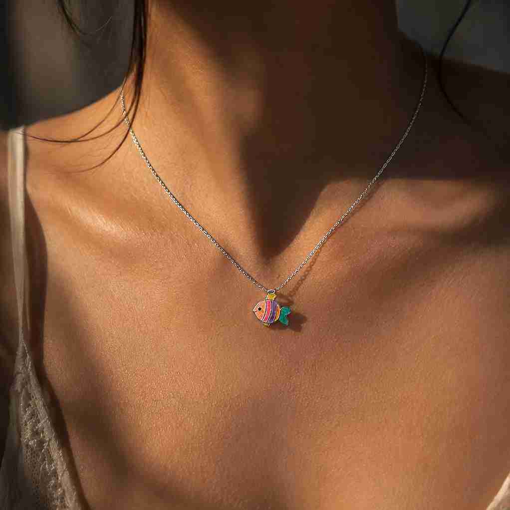 58019<br>necklace 9x7 enamel fish 14"+2"ext  .925 E-coat - Image 2