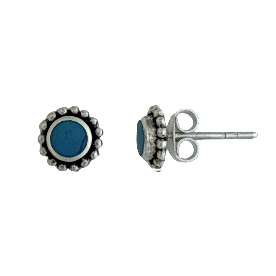23529<br>ear stud 7mm beaded bezel Reconstituted TQ .925 - Sold in 2's - Image 2